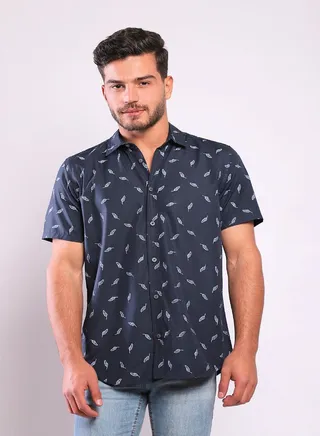Sky Blue Leaves Allover Navy Blue Short Sleeves Shirt 