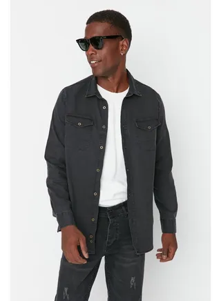 Black Men's New Shirt with Metal Buttons 