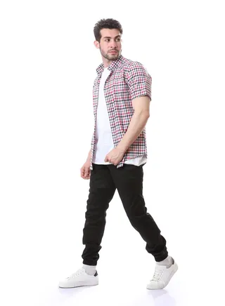 Casual Gingham Short Sleeves Regular Shirt - White, Black & Red 