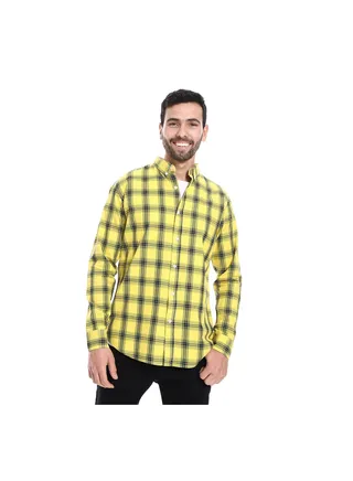 Turn Down Collar Plaid Pattern Shirt - Yellow & Black 