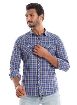 Full Button Down Plaids Blue, Black & Red Shirt 