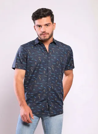 Random Shapes Patterned Shirt - Navy Blue, Turquoise & Coffee 