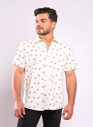 Brown Leaves Allover Offwhite Short Sleeves Shirt 