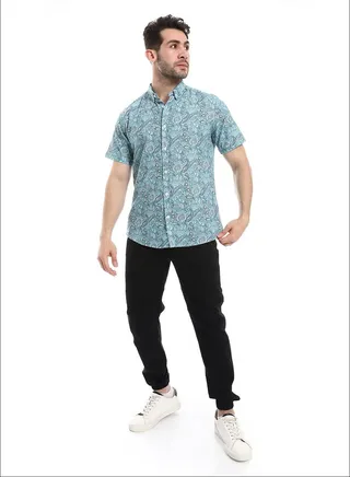 Paisley Pattern Summer Half Sleeves Shirt_Jade Blue 
