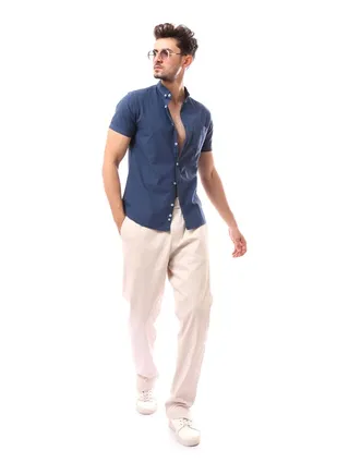 Short Sleeve Solid Buttoned Shirt_Navy Blue 