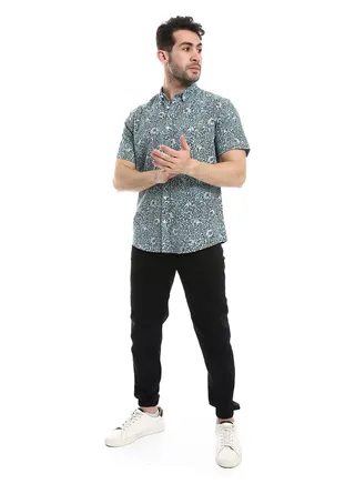 Self Pattern Buttoned Casual Shirt_Green & Brown 
