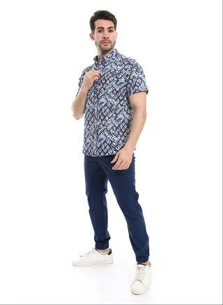 Patterned Summer Half Sleeves Shirt_Blue & White 