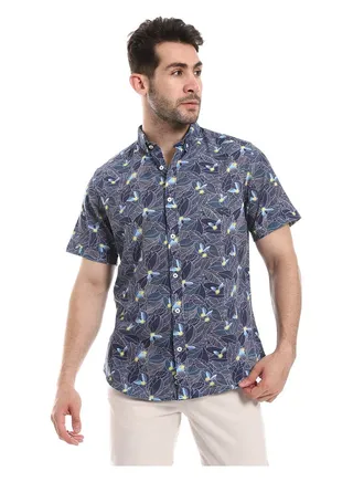 Self Pattern Buttoned Casual Shirt_Grey & Navy Blue 