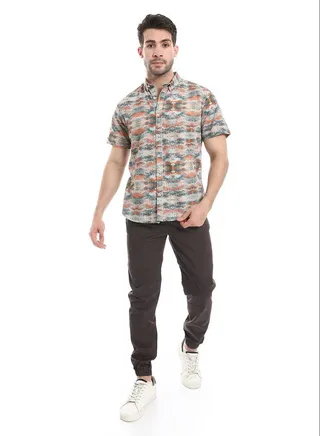 Patterned Summer Half Sleeves Shirt_Beige & Orange 