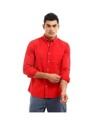 Plain-Basic Collared Neck Long Sleeve Shirt Red 