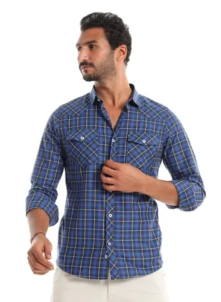 Blue, Grey & Navy Blue Tartan Buttoned Down Shirt 