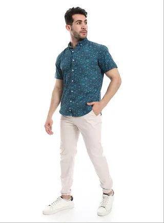 Self Pattern Buttoned Casual Shirt_Dark Green 