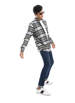 Plaids White, Olive & Navy Blue Button Down Shirt_White, Olive & Navy Blue 