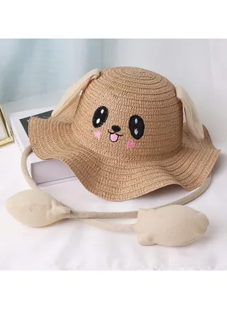 New Rabbit Ears Moving Straw Hat Children's Cute Wave Brim Fisherman Hat 