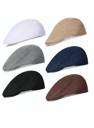 Men's Mesh Flat Cap Breathable Summer Newsboy Hat Cabbie Flat Cap 6 Pieces 