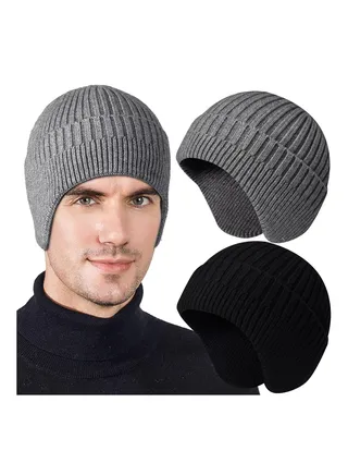 SYOSI Winter Beanies with Ear Flaps for Men Women, Stocking Caps Warm Ear Flap Hat with Fleece Lined Knit Brimmed Ski Cap 