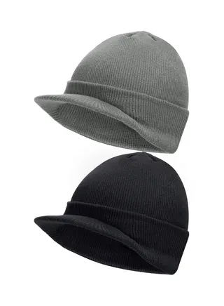2Pcs Winter Men's Knit Cap with Brim Beanie Hat Warm Thick Hat, Fleece Winter cap with Visor - Men Women - Earflap Brim Skull Watch Cap Hat for Outdoor (Black & Grey, Fit Size: 8 x 21-23in) 
