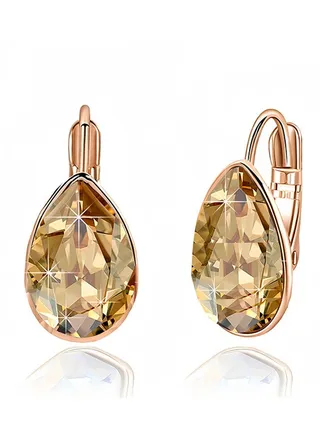 Teardrop Austrian Crystal Leverback Drop Earrings for Women 14K Rose Gold Plated Hypoallergenic Jewelry 