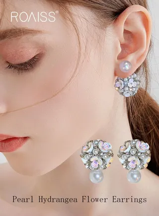 Silver needle two wearing pearl hydrangea flower earrings fashion elegant temperament earrings Chinese style new earrings female 