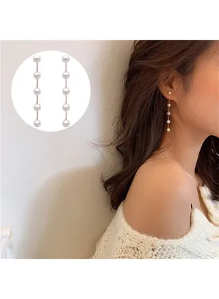 Boho Pearl Drop Dangle Earring, Long Tassel Pearl Earrings Tiny Pearl Chain Earrings, Vintage Earrings Jewelry for Women Girls (Gold) 