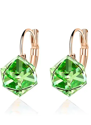 Cube Austrian Crystal Drop Leverback Earrings for Women Fashion 14K Rose Gold Plated Hypoallergenic Jewelry 