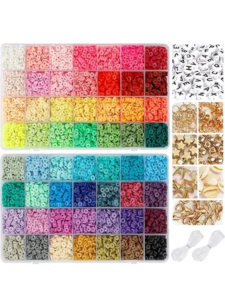 14420 Clay Diy Beads for Bracelet Making Kit, 56 Colors Spaced Black Stone Beads Flat Round Polymer Clay Beads with Charm Kit and Elastic String 