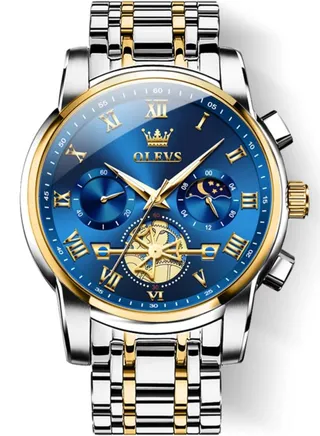 Watches for Men Fashion Stainless Steel Quartz Chronograph Water Resistant Watch 42mm 2859 Gold and Silver 
