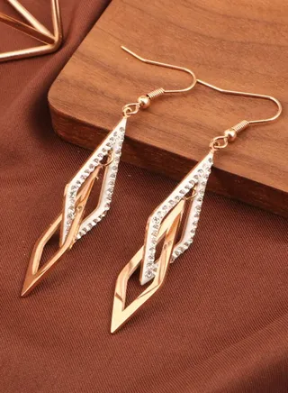 Stainless Steel 18K Rose Gold Plated Non fading Long Rhombus Earrings 