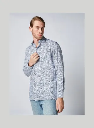 Casual Floral Long Sleeve Shirt Blue-White 