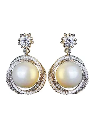 Rhinestones And Pearl Studded Double Ring Designed Dangle Earrings 