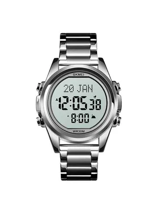 Men's 1667 Stainless Steel Back Digital Alfajr Azan Prayer Wrist Watch - 44 mm - Silver 