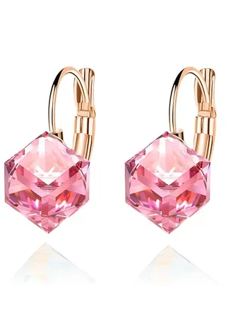 Cube Austrian Crystal Drop Leverback Earrings for Women Fashion 14K Rose Gold Plated Hypoallergenic Jewelry 