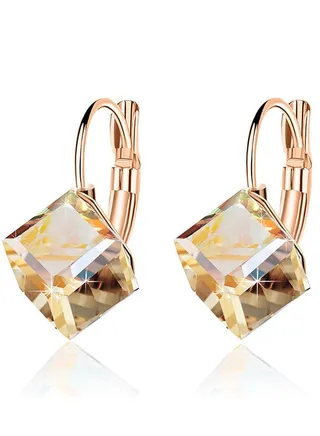 Cube Austrian Crystal Drop Leverback Earrings for Women Fashion 14K Rose Gold Plated Hypoallergenic Jewelry 