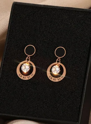 18K Gold Plated Stainless Steel Fashionable Roman Numeral Round Zircon Earrings 