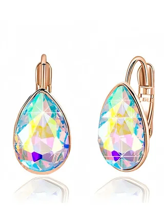 Teardrop Austrian Crystal Leverback Drop Earrings for Women 14K Rose Gold Plated Hypoallergenic Jewelry 