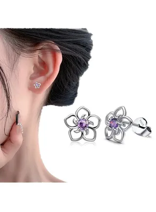 925 Sterling Silver Stud Earrings, Hypoallergenic Sterling Silver Earrings For Women, Flower Clear Cubic Zirconia Stud Earrings 