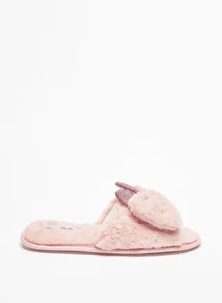Womens Embellished Plush Slip On Bedroom Slides with Ear Appliques 