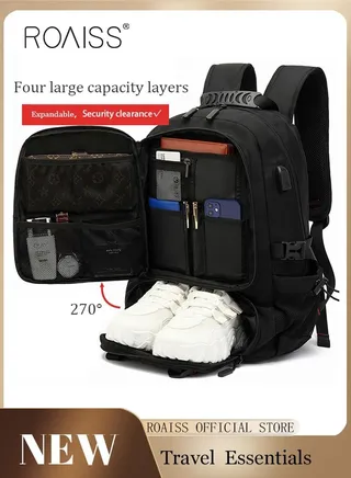 Unisex Independent Shoes Compartment Hiking Backpack 80L Large Capacity Expandable Luggage Bag with USB Port for Sports Travel Outdoor Business Trip Work Black 