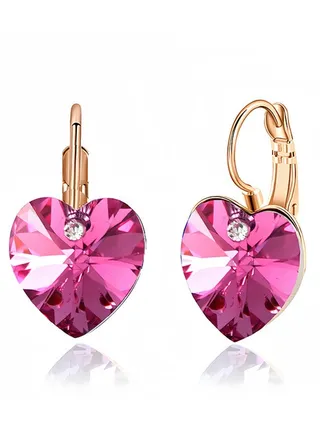 Austrian Crystal Heart Drop Leverback Earrings for Women 14K Rose Gold Plated Hypoallergenic Jewelry 