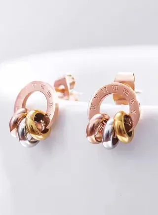 Stainless Steel 18K Gold Plated Non fading Roman Numerals Three color Lucky Ring Designer Earrings 