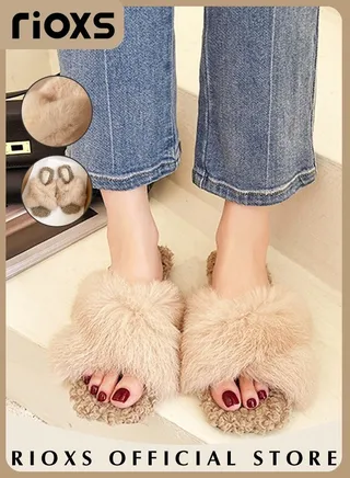 Women's Cross Band Fluffy Slippers Soft Plush Cozy Open Toe House Shoes Furry Warm Comfy Slip-ons for Indoor or Outdoor Use 