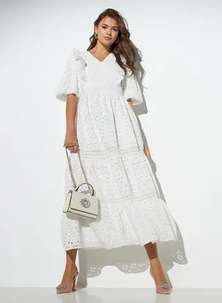 Iconic Lace Detail Tiered Dress with Balloon Sleeves 