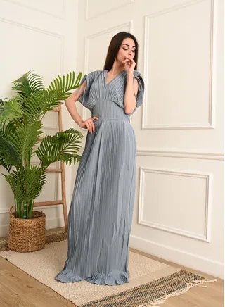 Long chiffon dress with pleated design and short wide sleeves, Cyan 
