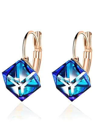 Cube Austrian Crystal Drop Leverback Earrings for Women Fashion 14K Rose Gold Plated Hypoallergenic Jewelry 