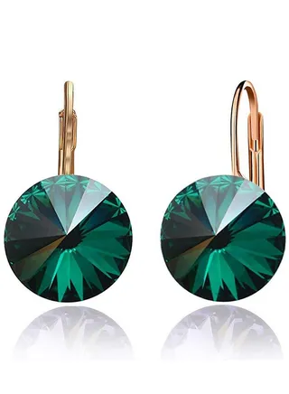 Round Austrian Crystal Drop Lever Back Earrings for Women 14 K Gold Plated Hypoallergenic 