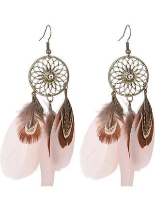 Unique Design Hollow Sunflower Long Tassel Feather Earrings 
