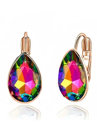 Teardrop Austrian Crystal Leverback Drop Earrings for Women 14K Rose Gold Plated Hypoallergenic Jewelry 