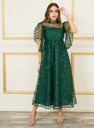 Sequin Detail Mesh Insert A-Line Maxi Dress 