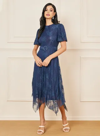 All Over Lace Buckle Detail Belted Asymmetric Hem Midi Dress 