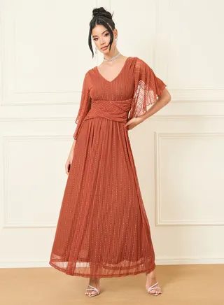 Self Design Striped Frill Sleeves A-Line Maxi Dress 